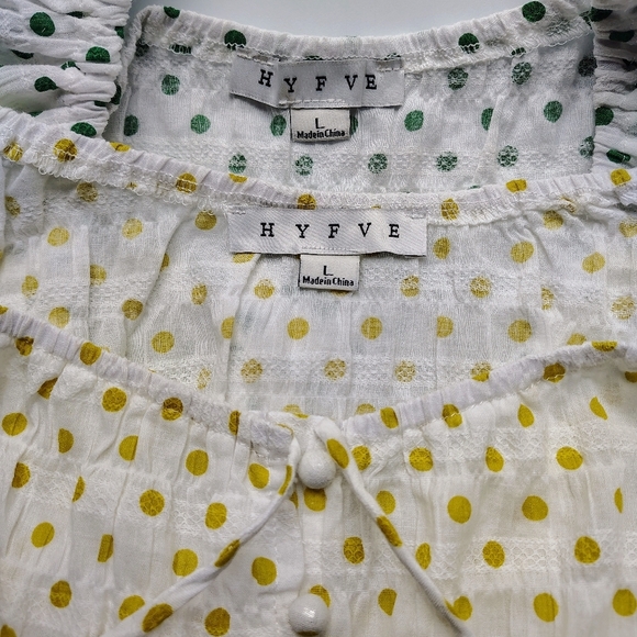NWOT HYFVE bundle 2 Crop Top polka dots tie, puff sleeves, cotton sz L. - Picture 11 of 16